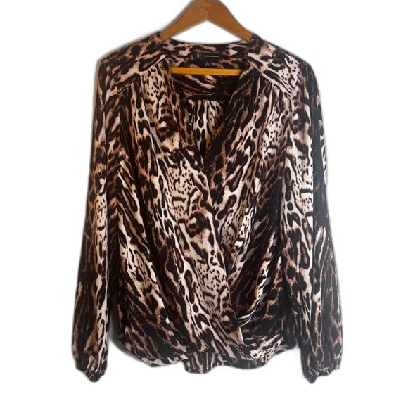 INC International Concepts Animal Print Faux Wrap Blouse Dressy Bold Size Large - Picture 1 of 9